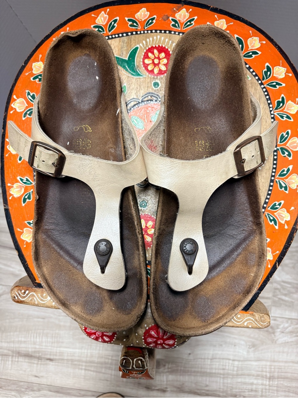 Birkenstock Cream Leather Thong Sandals with Buckle